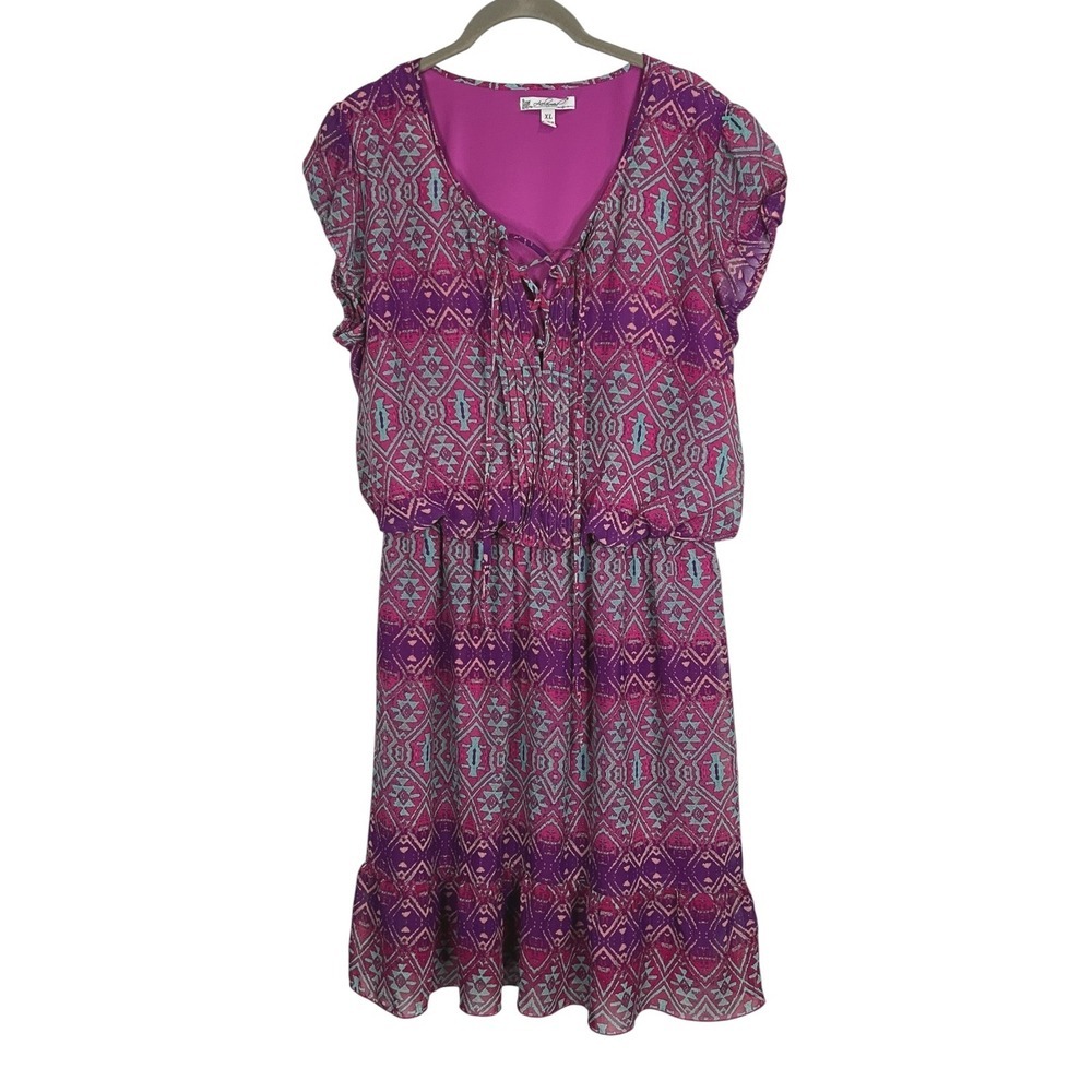 Acclaimed Purple Geometric Tribal Print Boho Mini Dress - V-Neck - Size XL